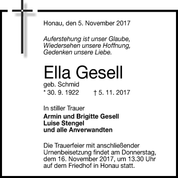 Anzeige von Ella Gesell von Reutlinger General-Anzeiger