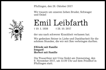 Anzeige von Emil Leibfarth von Reutlinger General-Anzeiger