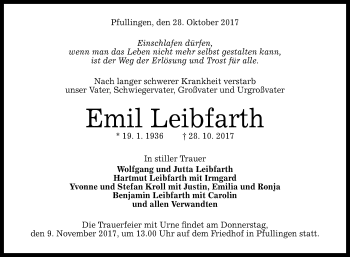 Anzeige von Emil Leibfarth von Reutlinger General-Anzeiger