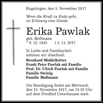 Anzeige von Erika Pawlak von Reutlinger General-Anzeiger