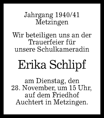 Anzeige von Erika Schlipf von Reutlinger General-Anzeiger