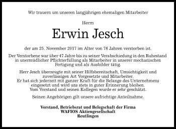 Anzeige von Erwin Jesch von Reutlinger General-Anzeiger