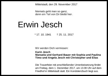 Anzeige von Erwin Jesch von Reutlinger General-Anzeiger