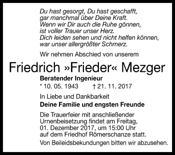 Anzeige von Friedrich  Mezger von Reutlinger General-Anzeiger
