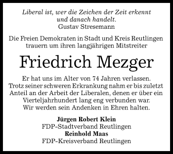 Anzeige von Friedrich Mezger von Reutlinger General-Anzeiger