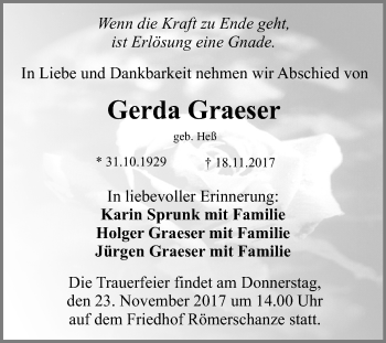 Anzeige von Gerda Graeser von Reutlinger General-Anzeiger