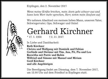 Anzeige von Gerhard Kirchner von Reutlinger General-Anzeiger