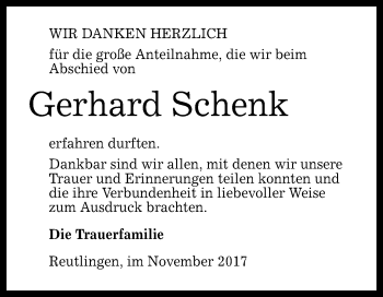 Anzeige von Gerhard Schenk von Reutlinger General-Anzeiger