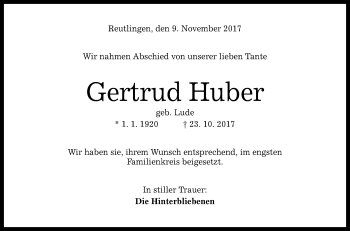 Anzeige von Gertrud Huber von Reutlinger General-Anzeiger