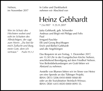 Anzeige von Heinz Gebhardt von Reutlinger General-Anzeiger