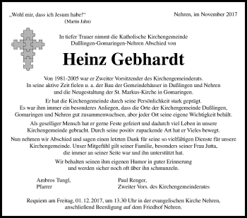 Anzeige von Heinz Gebhardt von Reutlinger General-Anzeiger