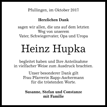 Anzeige von Heinz Hupka von Reutlinger General-Anzeiger