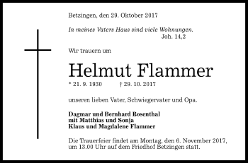 Anzeige von Helmut Flammer von Reutlinger General-Anzeiger