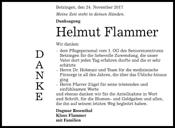 Anzeige von Helmut Flammer von Reutlinger General-Anzeiger