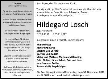 Anzeige von Hildegard Losch von Reutlinger General-Anzeiger