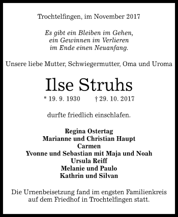 Anzeige von Ilse Struhs von Reutlinger General-Anzeiger
