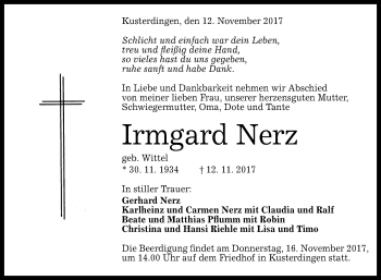 Anzeige von Irmgard Nerz von Reutlinger General-Anzeiger