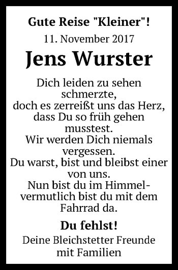 Anzeige von Jens Wurster von Reutlinger General-Anzeiger