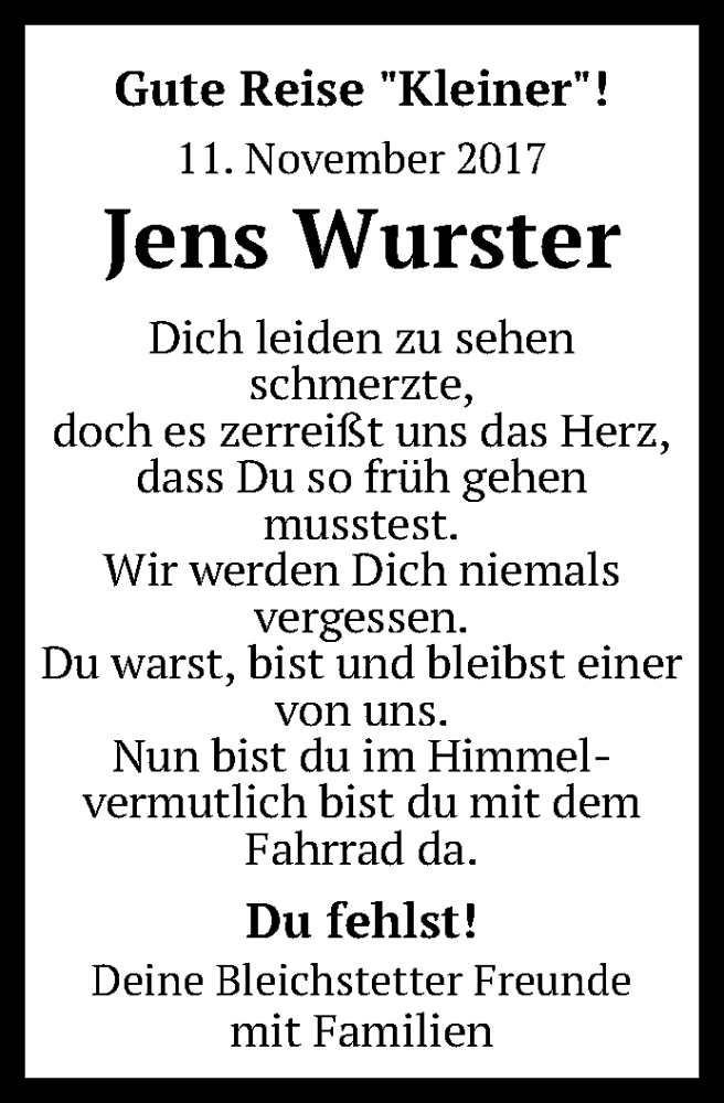  Traueranzeige für Jens Wurster vom 17.11.2017 aus Reutlinger General-Anzeiger