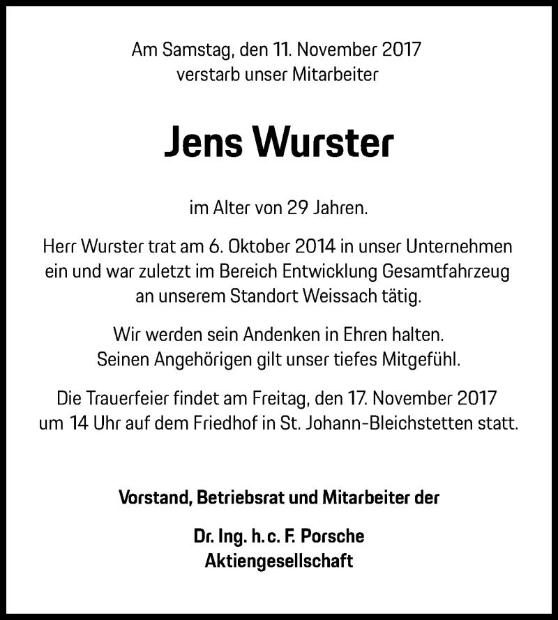  Traueranzeige für Jens Wurster vom 15.11.2017 aus Reutlinger General-Anzeiger