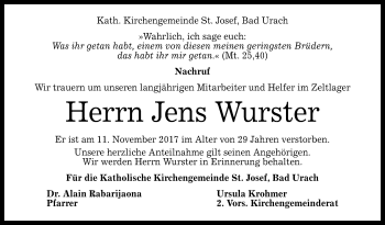 Anzeige von Jens Wurster von Reutlinger General-Anzeiger