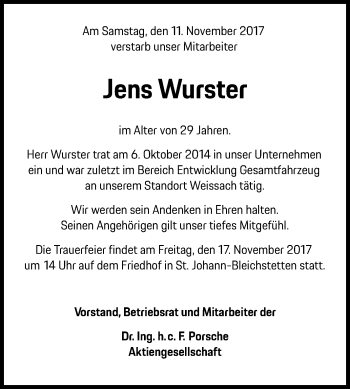 Anzeige von Jens Wurster von Reutlinger General-Anzeiger