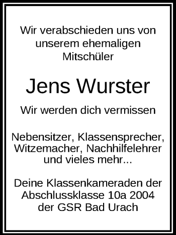 Anzeige von Jens Wurster von Reutlinger General-Anzeiger