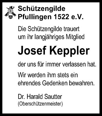 Anzeige von Josef Keppler von Reutlinger General-Anzeiger