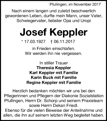 Anzeige von Josef Keppler von Reutlinger General-Anzeiger