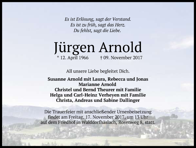  Traueranzeige für Jürgen Arnold vom 14.11.2017 aus Reutlinger General-Anzeiger