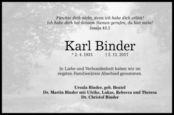Anzeige von Karl Binder von Reutlinger General-Anzeiger