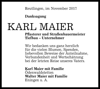 Anzeige von Karl Maier von Reutlinger General-Anzeiger