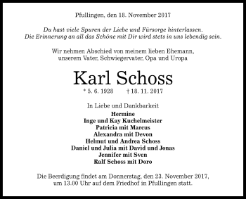 Anzeige von Karl Schoss von Reutlinger General-Anzeiger