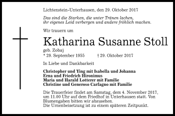 Anzeige von Katharina Susanne Stoll von Reutlinger General-Anzeiger