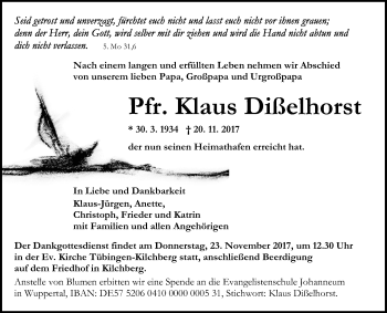 Anzeige von Klaus Dißelhorst von Reutlinger General-Anzeiger