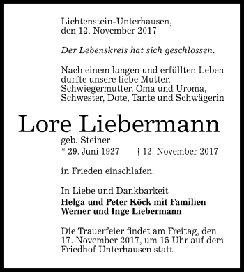 Anzeige von Lore Liebermann von Reutlinger General-Anzeiger