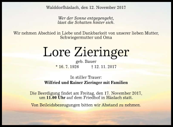 Anzeige von Lore Zieringer von Reutlinger General-Anzeiger