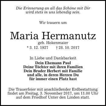 Anzeige von Maria Hermanutz von Reutlinger General-Anzeiger