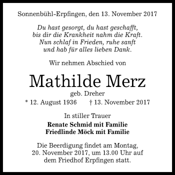 Anzeige von Mathilde Merz von Reutlinger General-Anzeiger