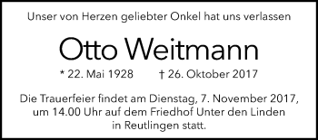 Anzeige von Otto Weitmann von Reutlinger General-Anzeiger