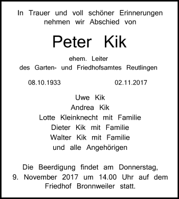 Anzeige von Peter Kik von Reutlinger General-Anzeiger