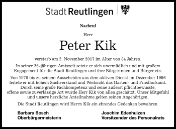 Anzeige von Peter Kik von Reutlinger General-Anzeiger