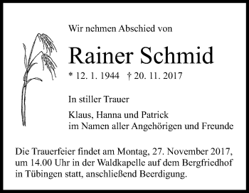 Anzeige von Rainer Schmid von Reutlinger General-Anzeiger