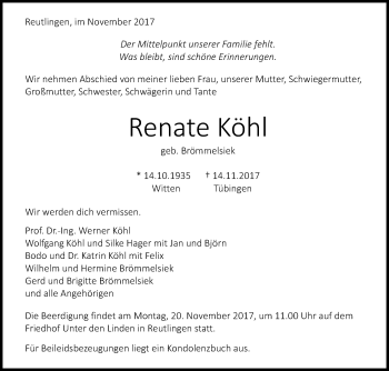 Anzeige von Renate Köhl von Reutlinger General-Anzeiger