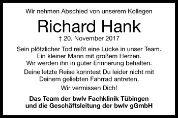 Anzeige von Richard Hank von Reutlinger General-Anzeiger