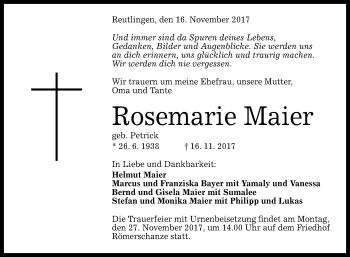 Anzeige von Rosemarie Maier von Reutlinger General-Anzeiger