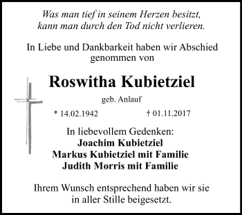 Anzeige von Roswitha Kubietziel von Reutlinger General-Anzeiger