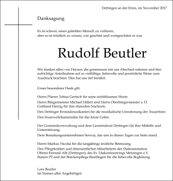 Anzeige von Rudolf Beutler von Reutlinger General-Anzeiger