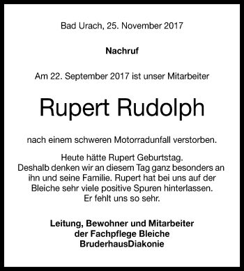 Anzeige von Rupert Rudolph von Reutlinger General-Anzeiger