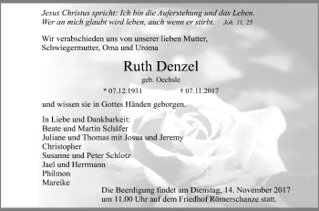 Anzeige von Ruth Denzel von Reutlinger General-Anzeiger